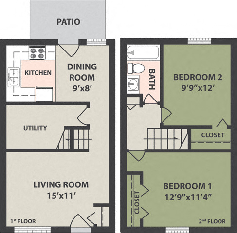 Floor plan for 2 beds, 1 bath