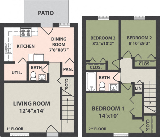 Floor plan for 3 beds, 1.5 baths