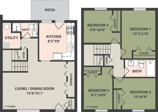 Floor plan for 4 beds, 2 baths