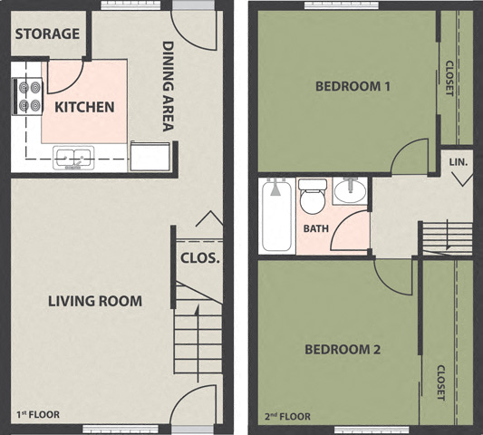 Floor plan for 2 beds, 1 bath, 725 sqft
