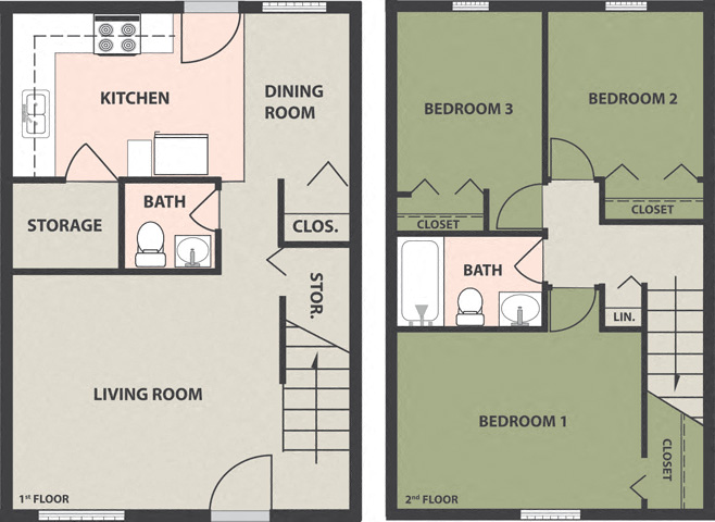 Floor plan for 3 beds, 1.5 baths, 795 sqft