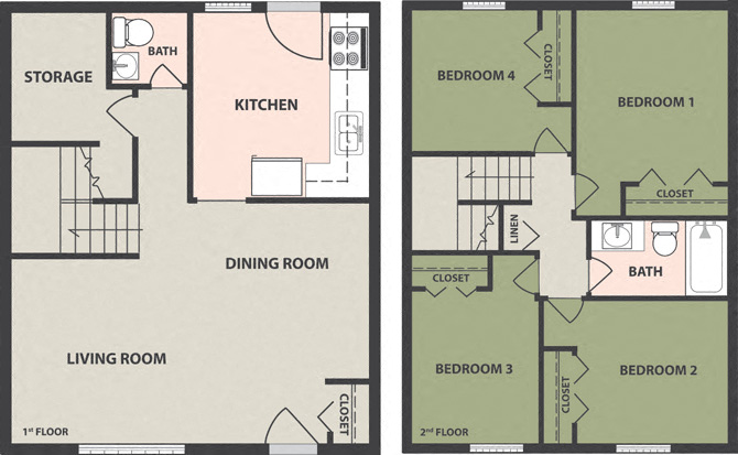 Floor plan for 4 beds, 1.5 baths, 880 sqft