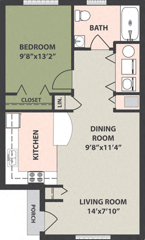 Floor plan for 1 bed, 1 bath