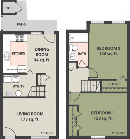 Floor plan for 2 beds, 1 bath