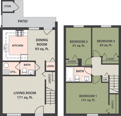 Floor plan for 3 beds, 1.5 baths