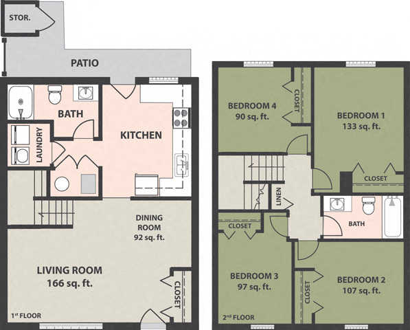 Floor plan for 4 beds, 2 baths