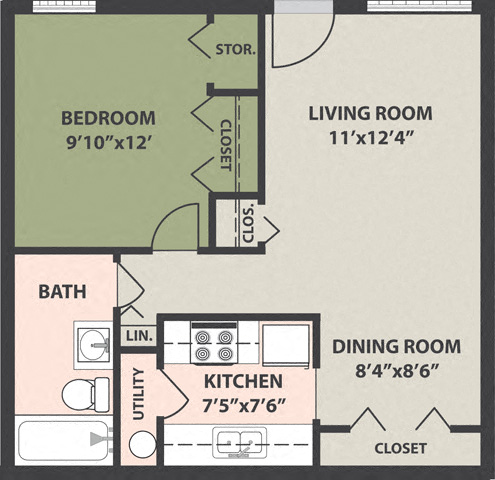 Floor plan for 1 bed, 1 bath
