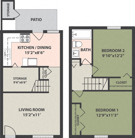 Floor plan for 2 beds, 1 bath