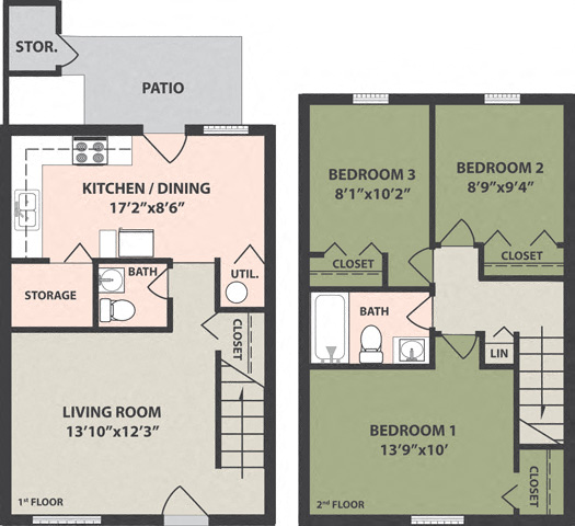 Floor plan for 3 beds, 1.5 baths