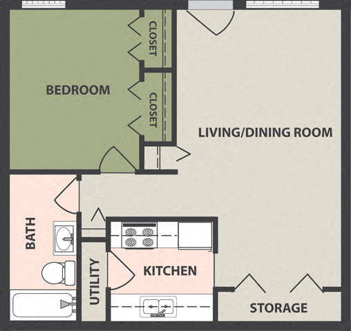 Floor plan for 1 bed, 1 bath