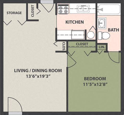 Floor plan for 1 bed, 1 bath
