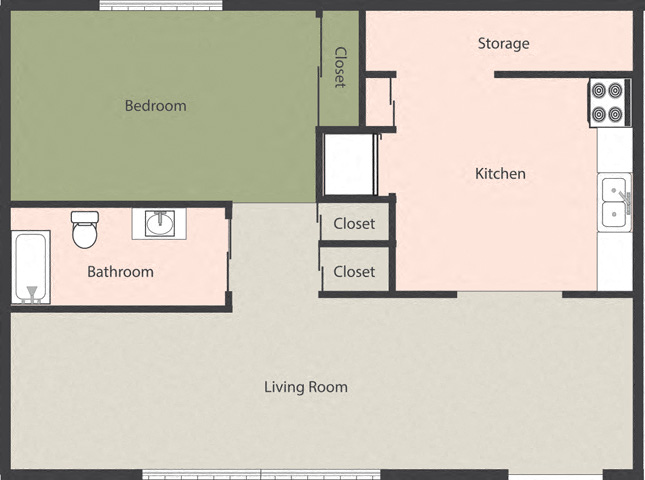Floor plan for 1 bed, 1 bath