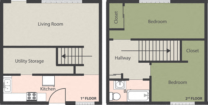 Floor plan for 2 beds, 1 bath, 806 sqft