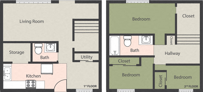 Floor plan for 3 beds, 1.5 baths, 863 sqft