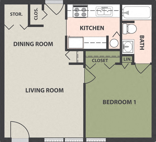Floor plan for 1 bed, 1 bath, 586 sqft