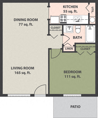Floor plan for 1 bed, 1 bath