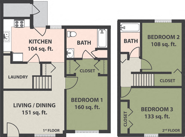 Floor plan for 2 beds, 1.5 baths