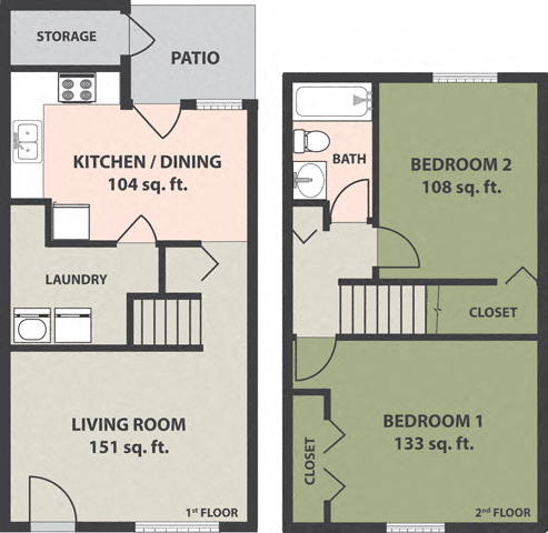 Floor plan for 2 beds, 1 bath