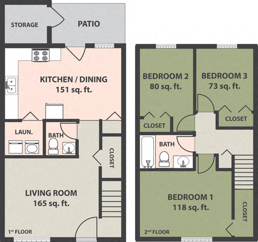 Floor plan for 3 beds, 1.5 baths