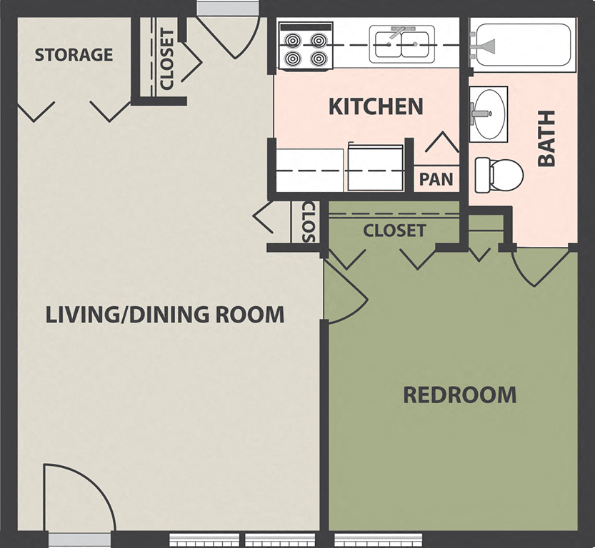 Floor plan for 1 bed, 1 bath