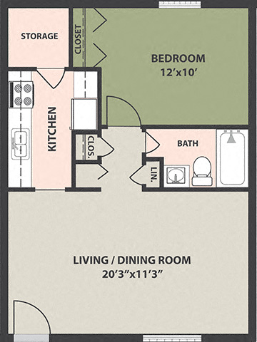 Floor plan for 1 bed, 1 bath