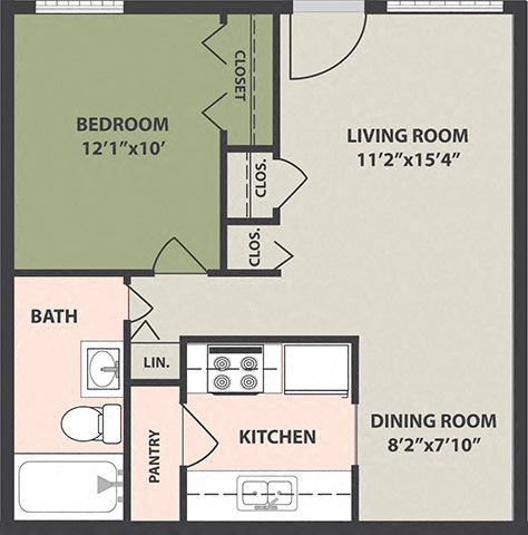 Floor plan for 1 bed, 1 bath