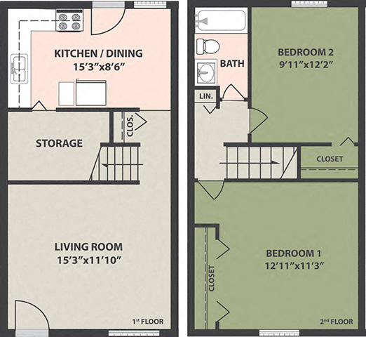 Floor plan for 2 beds, 1 bath