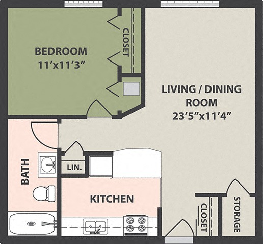 Floor plan for 1 bed, 1 bath
