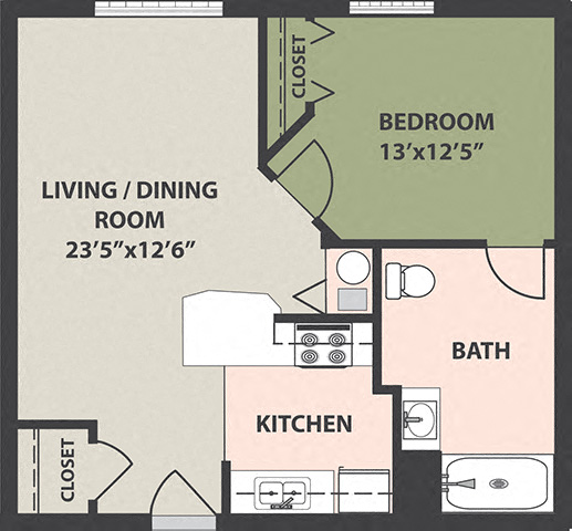 Floor plan for 1 bed, 1 bath