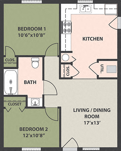 Floor plan for 2 beds, 1 bath