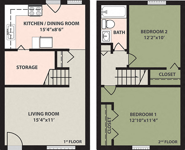 Floor plan for 2 beds, 1 bath, 780 sqft