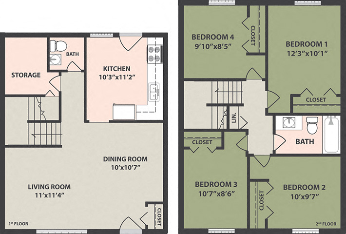 Floor plan for 4 beds, 1.5 baths, 1092 sqft