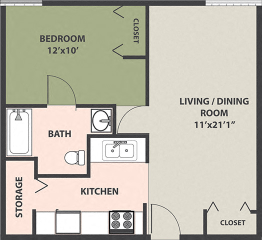 Floor plan for 1 bed, 1 bath