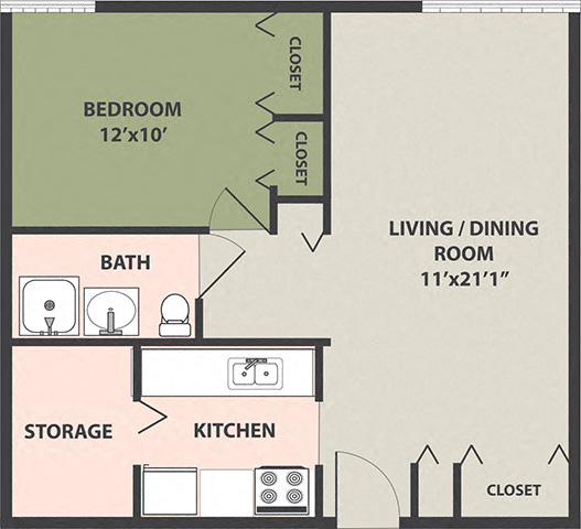 Floor plan for 1 bed, 1 bath