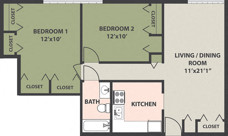 Floor plan for 2 beds, 1 bath