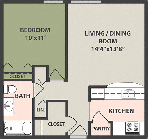 Floor plan for 1 bed, 1 bath