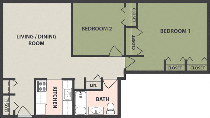 Floor plan for 2 beds, 1 bath