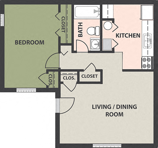 Floor plan for 1 bed, 1 bath