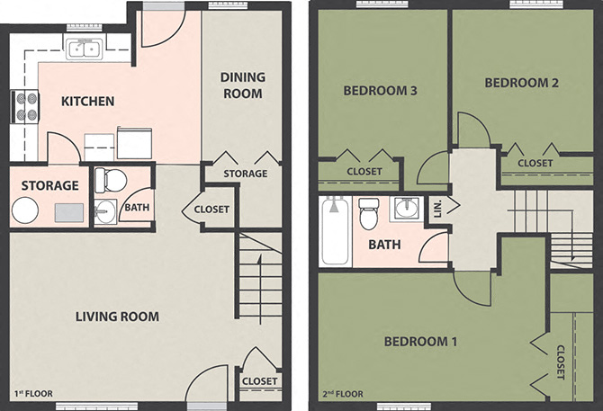 Floor plan for 3 beds, 1.5 baths