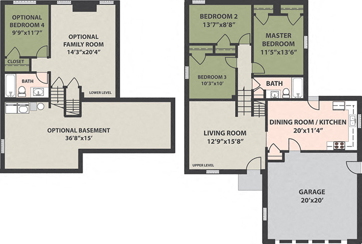 Floor plan for 4 beds, 2 baths, 1343 sqft