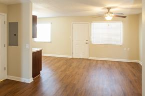 South Point apartment for rent - an empty living room with wood floors and a ceiling fan