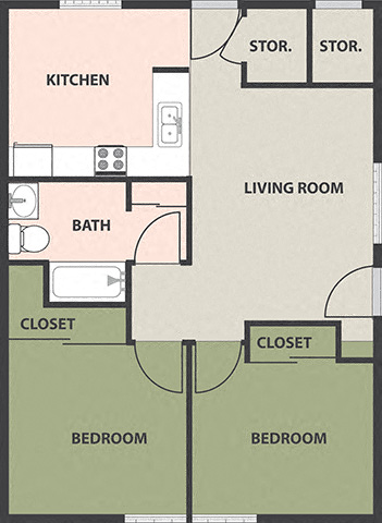 Floor plan for 2 beds, 1 bath