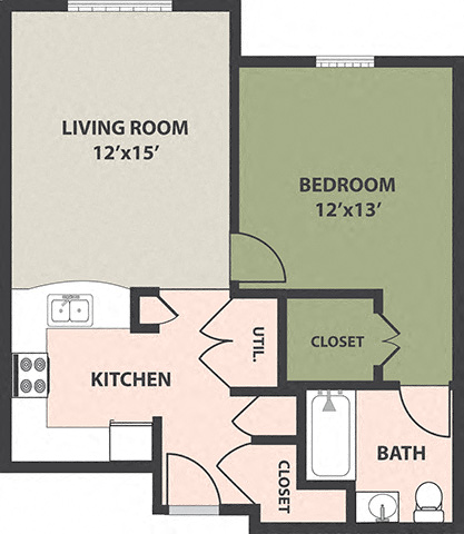 Floor plan for 1 bed, 1 bath, 662 sqft