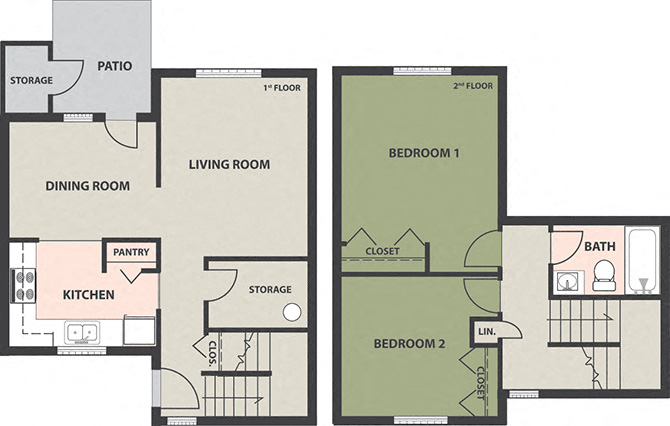 Floor plan for 2 beds, 1 bath