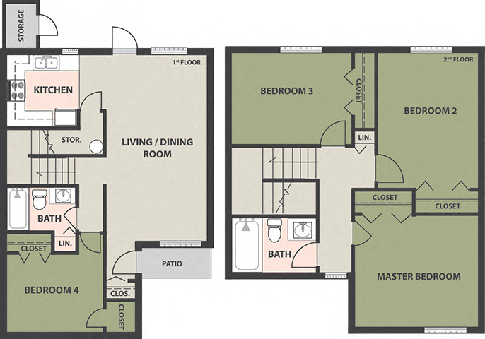 Floor plan for 4 beds, 2 baths