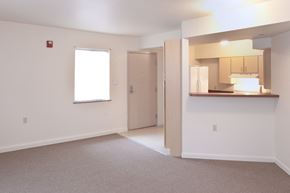 Cincinnati apartment for rent - an empty living room with a kitchen and a window