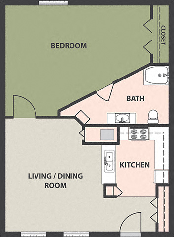 Floor plan for 1 bed, 1 bath