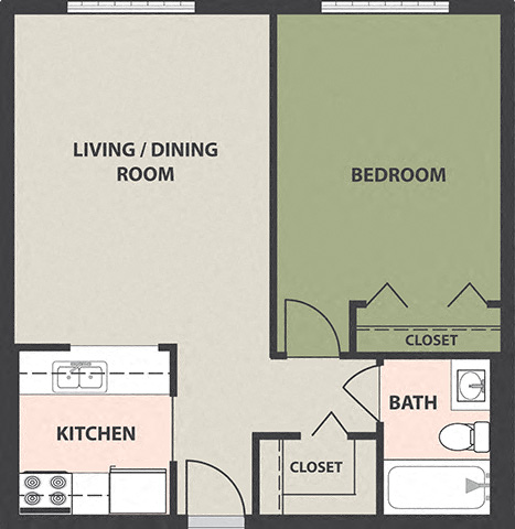 Floor plan for 1 bed, 1 bath