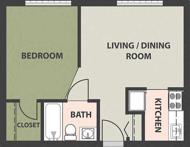 Floor plan for 1 bed, 1 bath