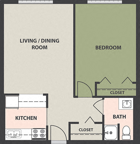 Floor plan for 1 bed, 1 bath